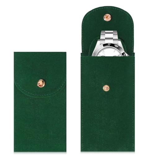 2 Pcs Velvet Watch Pouch, Portable Flannelette Watches Storage Bag Single watch travel pouch for Men and Women Storage Bag Luxury Gift Bags with Snap Button for Jewelry Organizer (Green) - color: green