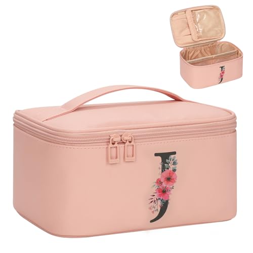 OCHEAL Initial Makeup Bag,Monogram Make up Bag Pink Travel Makeup Organizer Case Beauty Toiletry Cosmetic Bag with Brush Holder, Trendy Stuff Personalized Gifts for Women and Girls-J - color: Pink, style: J