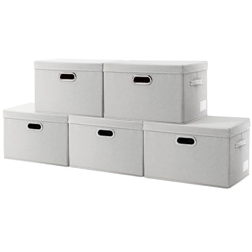 PRANDOM Large Collapsible Storage Containers with Lids [5-Pack] Fabric Foldable Storage Bins Boxes Organizer Baskets Cube with Cover for Home Bedroom Closet Office Beige(17.3x11.8x11.8) - color: Beige, size: L(5-Pack)