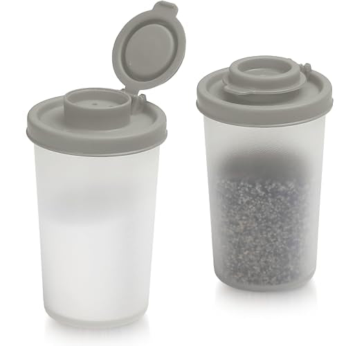 SIGNORAWARE Salt and Pepper Shakers Moisture Proof Set of 2 Large Salt Shaker to go Camping Picnic Outdoors Kitchen Lunch Boxes Travel Spice Set Clear with Grey Covers Lids Plastic Airtight Dispenser - color: Gray