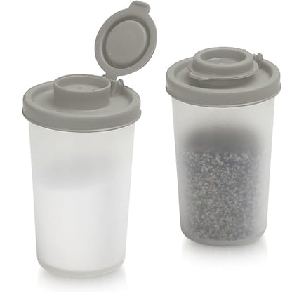 SIGNORAWARE Salt and Pepper Shakers Moisture Proof Set of 2 Large Salt Shaker to go Camping Picnic Outdoors Kitchen Lunch Boxes Travel Spice Set Clear with Grey Covers Lids Plastic Airtight Dispenser - color: Gray