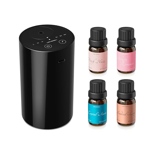 Airversa Waterless Essential Oil Diffuser Starter Kit with 4 x 10mL Fragrance Oil, Battery Operated Mini Scent Air Machine Portable Diffuser for Home Car Office, AN8 Kit2 Black - color: A1 Black1