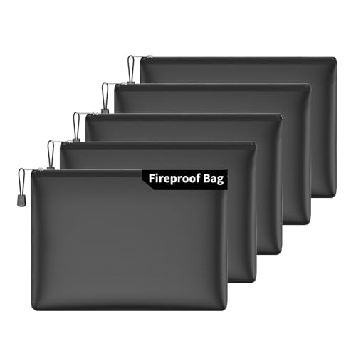 5pcs Fireproof Zipper Bags, A4 Zipper Pouches for Organizing Storage, Water-Resistant Document Bags(13.5"x10"), Letter Size, File Bags for Home, Office, School, Travel, Cash, Passport, Black