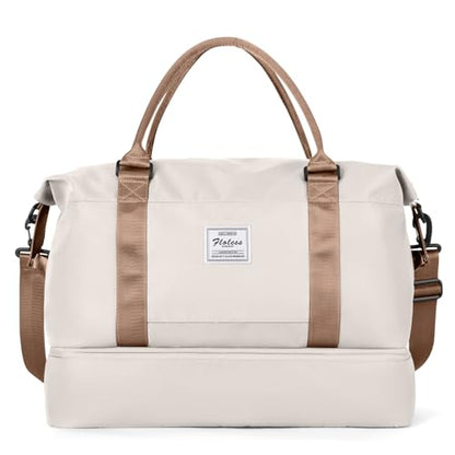 Travel Duffel Bag with Shoes Compartment, Overnight Weekender Bags for Women,Carry on Personal Item Bag，Extra Large - color: A-Beige & Brown, size: Extra Large