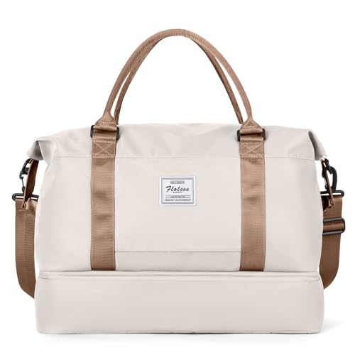 Travel Duffel Bag with Shoes Compartment, Overnight Weekender Bags for Women,Carry on Personal Item Bag，Extra Large - color: A-Beige & Brown, size: Extra Large