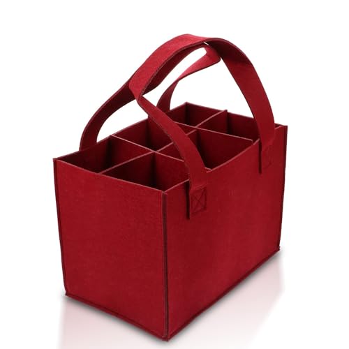 6 Bottle Wine Carrier with Divider Felt Wine Storage Tote Bag, Portable Reusable Wine Travel Bag with Handle for Christmas Travel Camping Picnic Party (Red) - color: Red