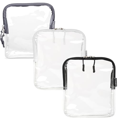 BORSALI TSA Approved Toiletry Bag - Clear Quart Size for 3-1-1 LIquids for Carry On Travel - Toiletries Organizer - Cosmetic Pouch with Zipper - Travel Accessories - Set of 3 - color: Black - White - Gray