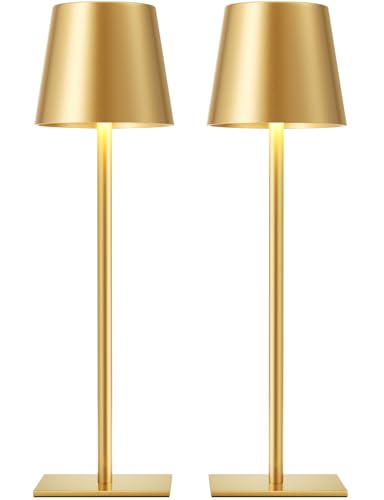 Gold Cordless Rechargeable Table Lamp, 2 Pack Portable Desk Lamp with 5000mAh Battery, Touch Control Stepless Dimming, Wireless Night Light for Dining, Outdoor Camping, Coffee Shop, Water Repellent - color: Gold - 1, size: 2 Pack