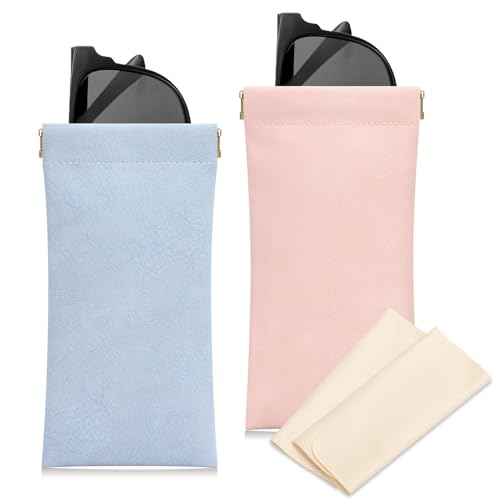 Sightor Sunglass Case, 2 Pcs Soft Eyeglass Cases for Women Portable Squeeze Top Leather Glasses Pouch - color: Rose, Blue