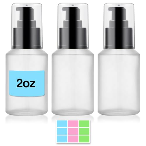 3PCS 60ML/2OZ Empty Clear Frosted Glass Bottles with Pump Refillable Vial Cosmetic Dispenser Jars Storage Travel Lotion Container Portable Sample Bottle for Toiletries,Foundation,Cream,Gel,Lotion - color: Frosted Clear, size: 2 OZ