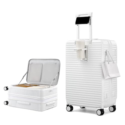 HanTrip Hard Shell Suitcases 24 Inch Check in Luggage with Spinner Wheels Cup Holder, Lightweight Top Opening Expandable Luggage Hard Case Rolling Medium Checked Suitcase with Lock, White - color: White, size: Expandable 24 Inch