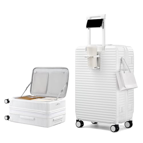 HanTrip Hard Shell Suitcases 24 Inch Check in Luggage with Spinner Wheels Cup Holder, Lightweight Top Opening Expandable Luggage Hard Case Rolling Medium Checked Suitcase with Lock, White - color: White, size: Expandable 24 Inch