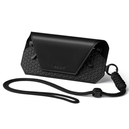 VULKIT Portable Leather Eye Glasses Case for Women & Men, Slim Sunglass Case, Unisex Eyeglass Case - color: Black With Lanyard