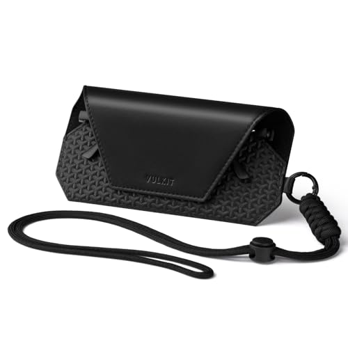 VULKIT Portable Leather Eye Glasses Case for Women & Men, Slim Sunglass Case, Unisex Eyeglass Case - color: Black With Lanyard