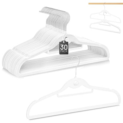 Velvet Stackable Hangers 30 Pack, STOPKLAS White Clothes Hangers Non Slip Felt Hangers with 360° Swivel Hook, Thin Hanger Space Saving, Heavy Duty Closet Hanger for Clothes, Coats, Suits, Dress, Pants - color: White