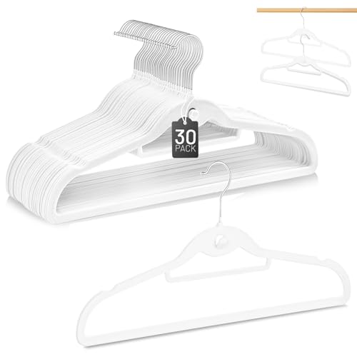 Velvet Stackable Hangers 30 Pack, STOPKLAS White Clothes Hangers Non Slip Felt Hangers with 360° Swivel Hook, Thin Hanger Space Saving, Heavy Duty Closet Hanger for Clothes, Coats, Suits, Dress, Pants - color: White