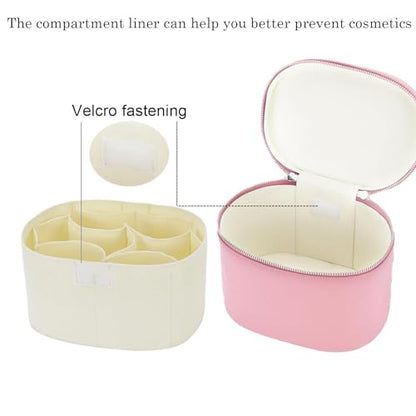 Leather Make Up Bags With Compartments, Pink Travel Cosmetic Bags for Women, Parallel Makeup Travel Bags Organizer Equipped With a Detachable Divider - color: pink