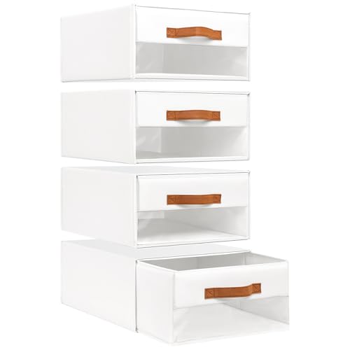 DIMJ Closet Organizers and Storage - Fabric Bins with Drawers for Closet Foldable Clothes Organizers with Clear Window, Stackable Storage Drawers Units for Bedroom, Living Room, 4-Pack, White - color: White, size: Large - 4 Pack