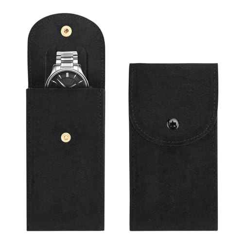 2PCS Watch Pouch, Portable Flannelette Watch Storage Bag Watch Travel Pouch Watch Organizer Bag for Men and Women (Black) - color: Black