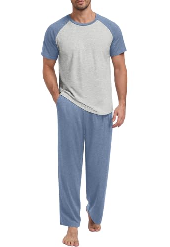 Yincro Mens Pajamas Set Lightweight Loungewear Short Sleeve Top and Pants Soft Sleepwear Pjs Sets - color: Gray Blue-light Gray, size: Small