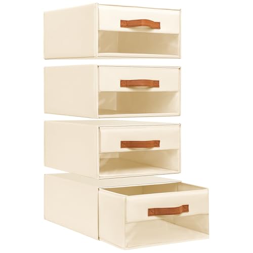 DIMJ Closet Organizers and Storage - Fabric Bins with Drawers for Closet Foldable Clothes Organizers with Clear Window, Stackable Storage Drawers for Bedroom, Living Room, 4-Pack, Beige - color: Beige, size: Large - 4 Pack