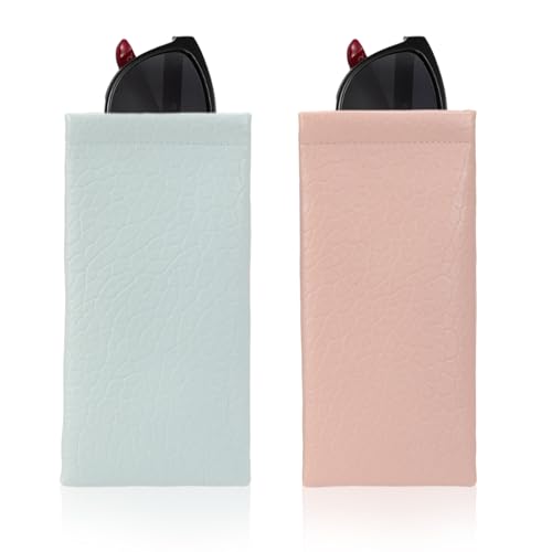 Squeeze Top Sunglass Pouch - Portable Sunglass Organizer Pouch Bags Soft PU Leather Glasses 2 Pack - color: Mica Green+light Pink