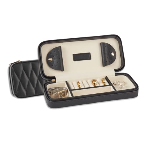Bey-Berk Diamond-Quilted Leather Travel Jewelry Case, Black, 9" x 4" x 1.75" - color: Black