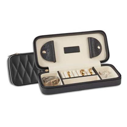 Bey-Berk Diamond-Quilted Leather Travel Jewelry Case, Black, 9" x 4" x 1.75" - color: Black