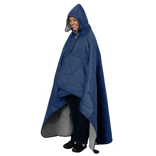 Large Outdoor Waterproof Blanket Extra Thick Fleece Stadium Blanket for Camping, Car, Pet, Picnics - Windproof, Wearable, Machine Washable 80" x 58" (Deep Blue,Hooded) - color: Hooded-deep Blue