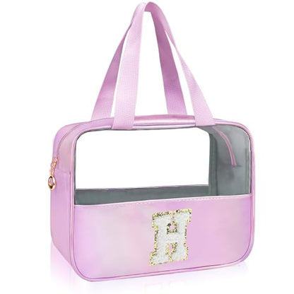 Personalized Initial H Clear Purple Makeup Bag - Large Travel Toiletry Bag, Cute Cosmetic Organizer Set for Girlfriend, Teacher, Teen Girl Gifts - color: Purple, style: H