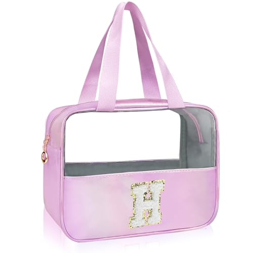 Personalized Initial H Clear Purple Makeup Bag - Large Travel Toiletry Bag, Cute Cosmetic Organizer Set for Girlfriend, Teacher, Teen Girl Gifts - color: Purple, style: H