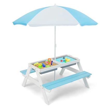 HONEY JOY Kids Picnic Table, 4 in 1 Cedar Wooden Sand & Water Table w/ 2 Removable Box & Umbrella, Kids Picnic Tables for Outdoors Backyard Garden, Toddler Patio Furniture Set for Boys Girls(Blue) - color: Blue