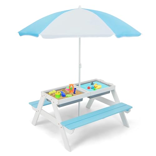 HONEY JOY Kids Picnic Table, 4 in 1 Cedar Wooden Sand & Water Table w/ 2 Removable Box & Umbrella, Kids Picnic Tables for Outdoors Backyard Garden, Toddler Patio Furniture Set for Boys Girls(Blue) - color: Blue