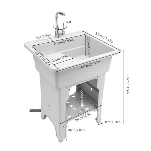 Laundry Sink, Freestanding Plastic Laundry Sink With Washboard Utility Sink Laundry Tub Indoor and Outdoor Utility Sink with Faucet Hoses Drain Kit for Laundry Room Washing Room Garden Garage - color: 25.6*21.65*31.5in -Gray