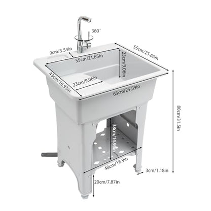 Laundry Sink, Freestanding Plastic Laundry Sink With Washboard Utility Sink Laundry Tub Indoor and Outdoor Utility Sink with Faucet Hoses Drain Kit for Laundry Room Washing Room Garden Garage - color: 25.6*21.65*31.5in -Gray