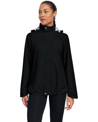 Hount Womens Waterproof Raincoat Lightweight Packable Striped Lined Rain Jacket Casual Travel Outdoor Hooded Jakctes - color: Black, size: Medium