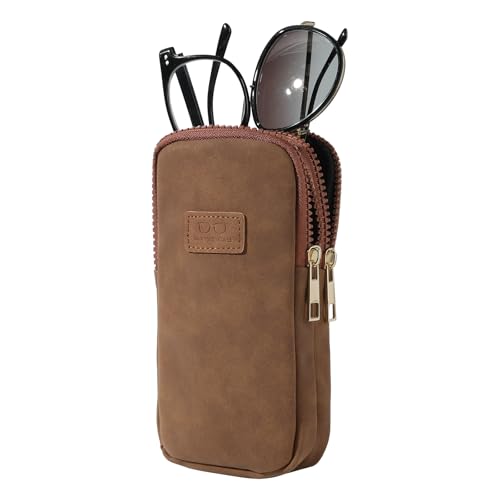 KINIVA Double Eyeglass Case for Men Women, 2-in-1 PU Dual Sunglasses Case, Scratch-Proof Travel Eyeglass Holder for Purse Car - style: Brown Matte