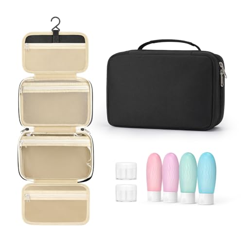Toiletry bag for women with travel size containers set, hanging toiletry bag for full Size toiletries, Skincare, Shampoo, Makeup Cosmetic Bag Travel Organizer, Water-resistant toiletry bag - color: Black