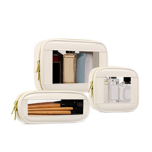 3-Piece Travel Clear Makeup Bag Set, Small Cosmetic Bag with Makeup Brush Case, Leather Waterproof TSA Approved Toiletry Bag with Zipper, Car Organization for Women (Beige-2, Mini+Slim+Medium) - color: Beige-2, size: Mini+Slim+Medium
