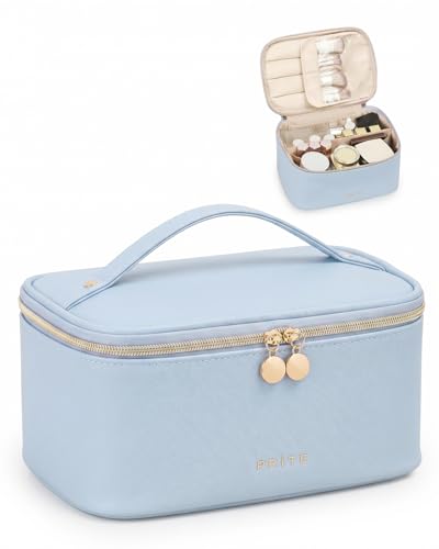 Prite Makeup Bag, Large Capacity Cosmetic Bag for Women and Girls, Waterproof PU Leather Travel Makeup Case, Toiletry Organizer with Handle and Divider for Skincare and Brushes - Blue - color: Blue