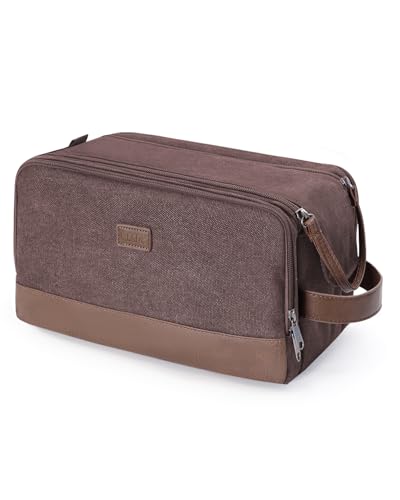 WANDF Toiletry Bag for Men Travel Toiletry Organizer Canvas and Leather Dopp Kit Water-Resistant Shaving Bag for Travel Accessories (Brown, Large) - color: L, Brown, size: Large