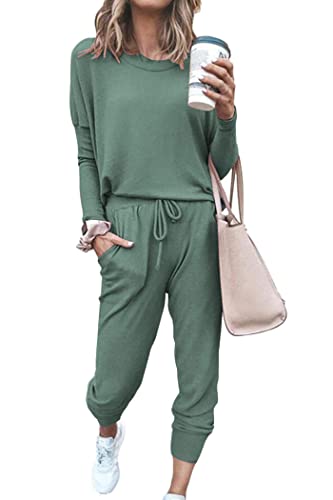 PRETTYGARDEN Women Fall 2 Piece Lounge Outfit Long Sleeve Tops High Waisted Jogger Pants Set Spring Travel Clothes Tracksuit - color: Light Green, size: 3X-Large