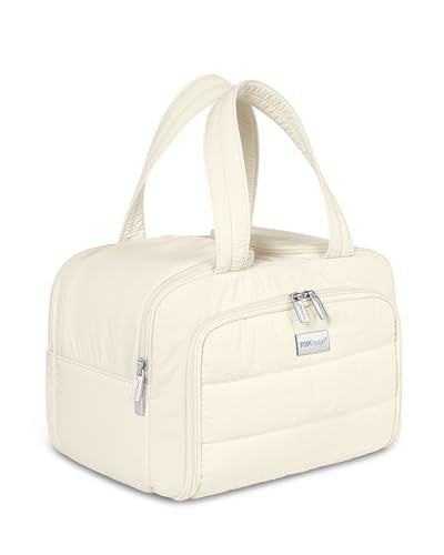 TOPDesign Travel Toiletry Bag for Women, Puffer Large Toiletry Bag, Lightweight Cosmetic Makeup Organizer with Handle for Traveling, Accessories, Essentials, Toiletries (Ivory White) - color: Ivory White
