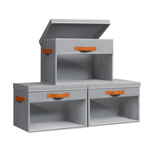 Homsorout Large Storage Bins with Lids - 3 Pack Foldable Decorative Organizers with Clear Windows & Handles, Cube Storage Organizers for Clothes, Blankets, Sweaters, Sheets, Grey - color: Grey, size: 13.7 Inch-3 Pack