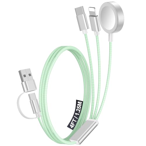 1Pack Multi Charging Cable Cord for Travel Essentials,Apple Watch Charger,iPhone Charger,[3-in-2] Type C/Lightning Cable Portable Designed for iWatch,iPhone 17-8,Galaxy S26-21,AirPods,iPad-4FT Green - color: Green, size: 1Pack-4FT