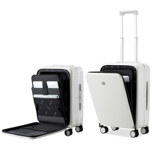Hanke Grace Hard Shell Suitcases with Wheels,20 Inch Carry On Luggage Airline Approved with Aluminum Frame, Travel suitcase with Front Pocket Travel Luggage for Short Business Trips, Smoke White. - color: Smoke White, size: 20 Inch Middle No Opening