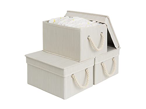 StorageWorks Storage Bins with Lids, Decorative Storage Boxes with Soft Rope Handles, Foldable Stackable Storage Baskets for Closet, Shelves, 3-Pack, Ivory and White, Medium - color: Ivory and White, size: Small