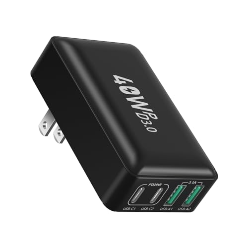 Flat USB C Charger Block, OKRAY 40W 4-Port Type C Fast Charging Brick Foldable Wall Plug, PD3.0&QC3.0 Multiport Slim Travel Power Adapter for iPhone 17 16e 16 15 14 13 12 Pro, iPad Air, Galaxy S25 A16 - color: Black-1Pack