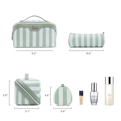 BOYATU Travel Makeup Bag Cosmetic Bag for Women: 3 Pcs Set Striped Make up Bag with Compartments - Waterproof Vegan Leather Toiletry Bag with Handle - Makeup Organizer for Travel Essentials(A-2-Green) - color: A-2-Green