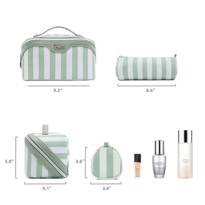 BOYATU Travel Makeup Bag Cosmetic Bag for Women: 3 Pcs Set Striped Make up Bag with Compartments - Waterproof Vegan Leather Toiletry Bag with Handle - Makeup Organizer for Travel Essentials(A-2-Green) - color: A-2-Green